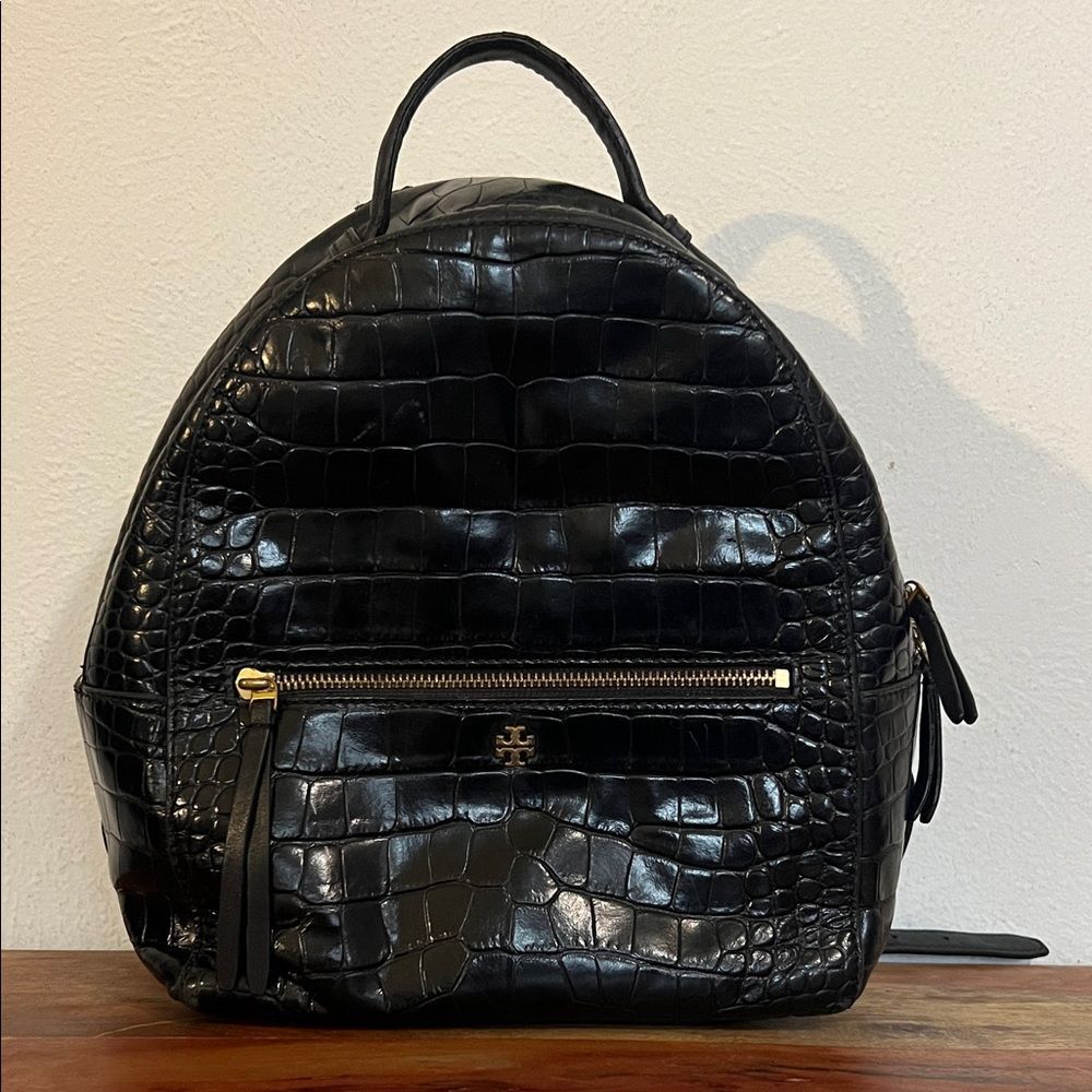 Tory Burch Croc Embossed Black Leather Mini Backpack Purse Gold Logo Casual Luxe - Picture 3 of 16
